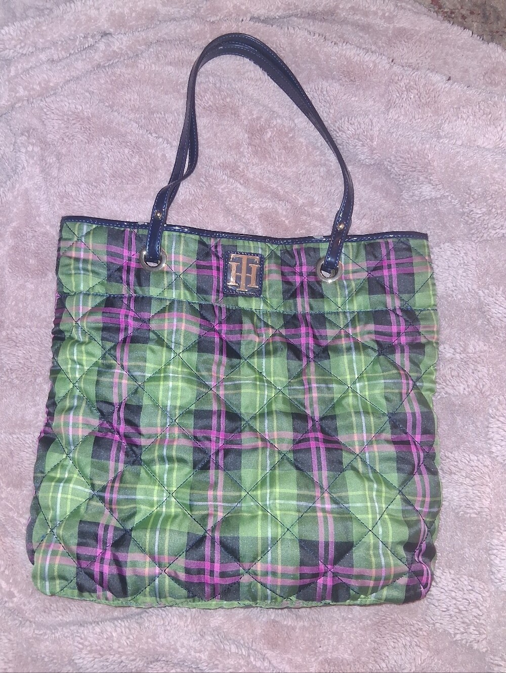 Vintage Tommy Hilfiger Quilted Greem Plaid Tote Bag